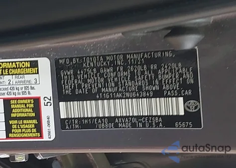 2022 Toyota Camry Se z USA, uszkodzony, nr VIN 4T1G11AK2NU643849